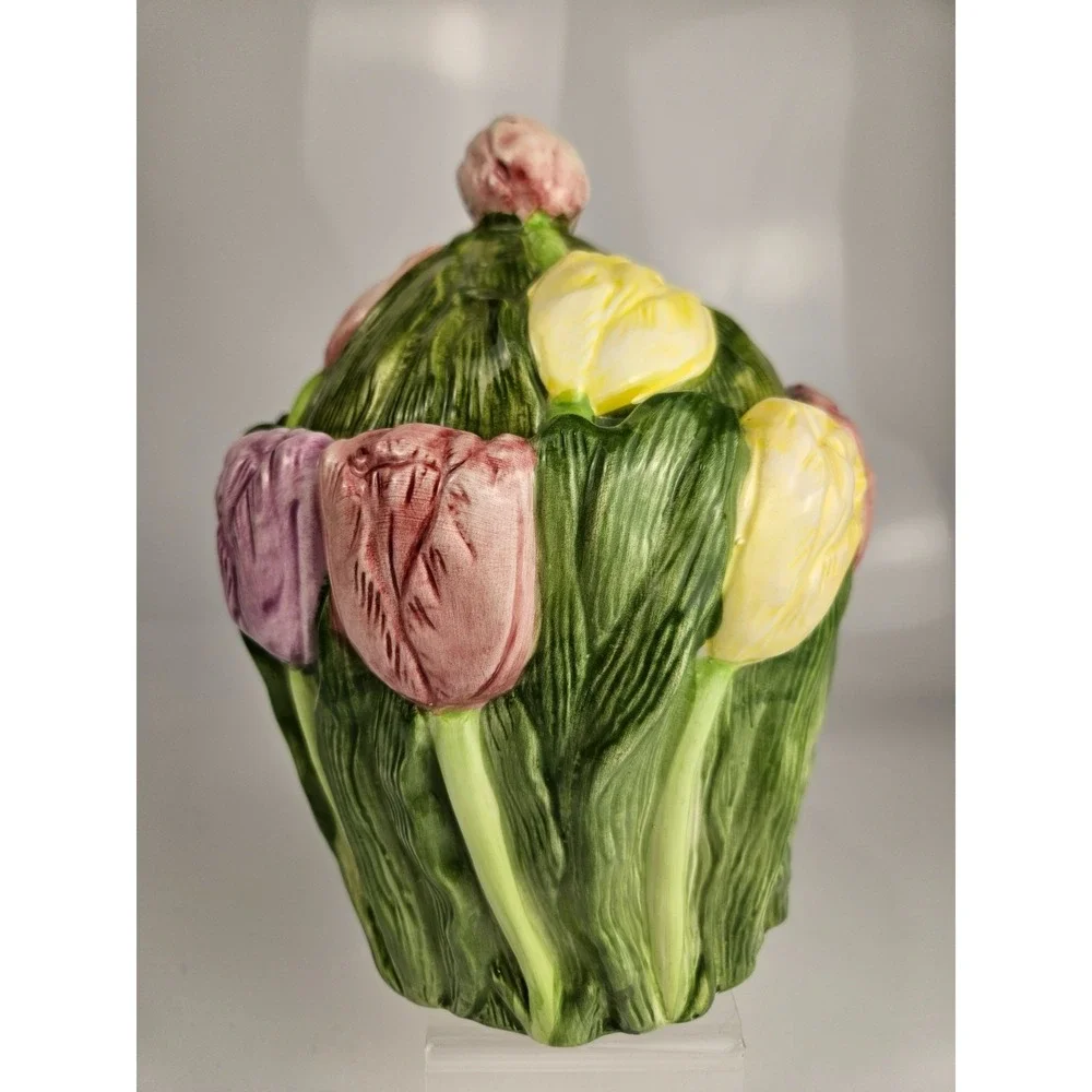 Vintage 1995 Tulip Cookie‎ Jar Floral Relief Ceramic Cottage Kitchen